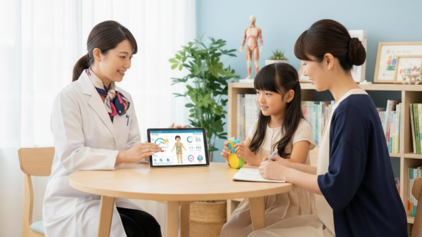 GPマップの初回カウンセリング風景。医師が成長状況や体成分について子供と保護者に説明している画像。